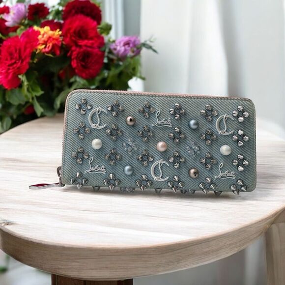 Christian Louboutin Denim Studded Pannetone Zippered Wallet - Picture 1 of 11